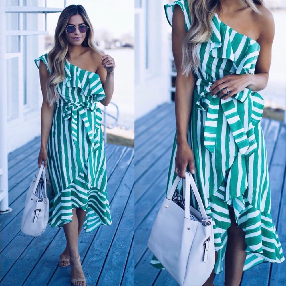 Hot Tomato Green and White Striped One-Shoulder High-Low Dress